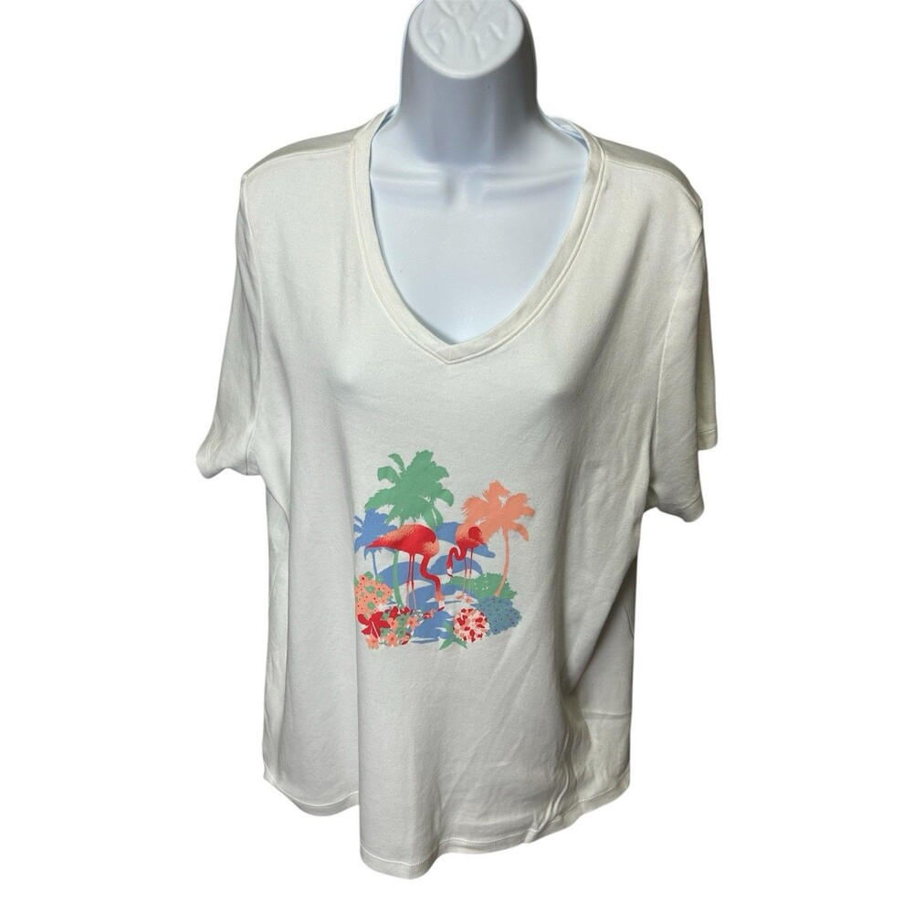 Kim Rogers Perfectly Soft Women's Size P-‎ XXL Flamingo Print V- Neck Cotton Top